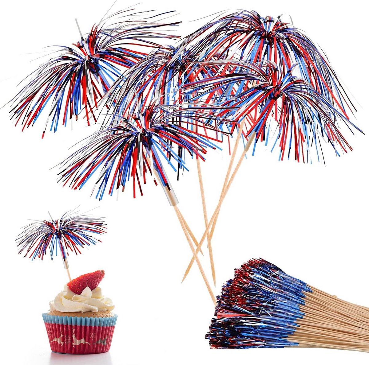 200 Stuks Cocktail Prikkers Feestdecoratie Onafhankelijkheidsdag Rood Blauw Zilver