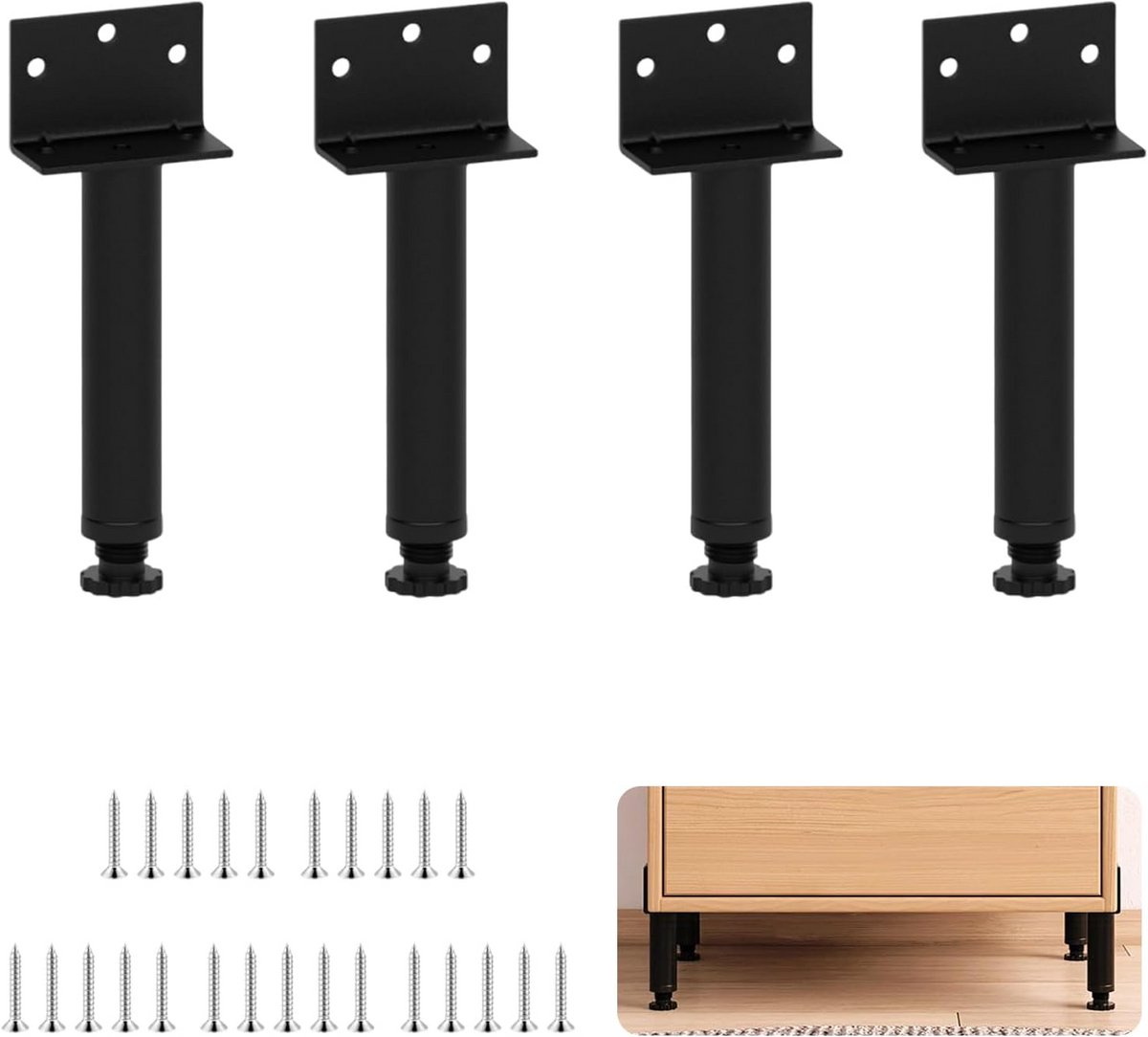 Set van 4 Verstelbare L-vormige Meubelpoten Zwart - Stevige Kastpoten tot 300 kg