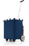 Donkerblauwe boodschappentrolley met witte gestreepte rand, zilverkleurig uitschuifbaar handvat en zwarte wielen.
