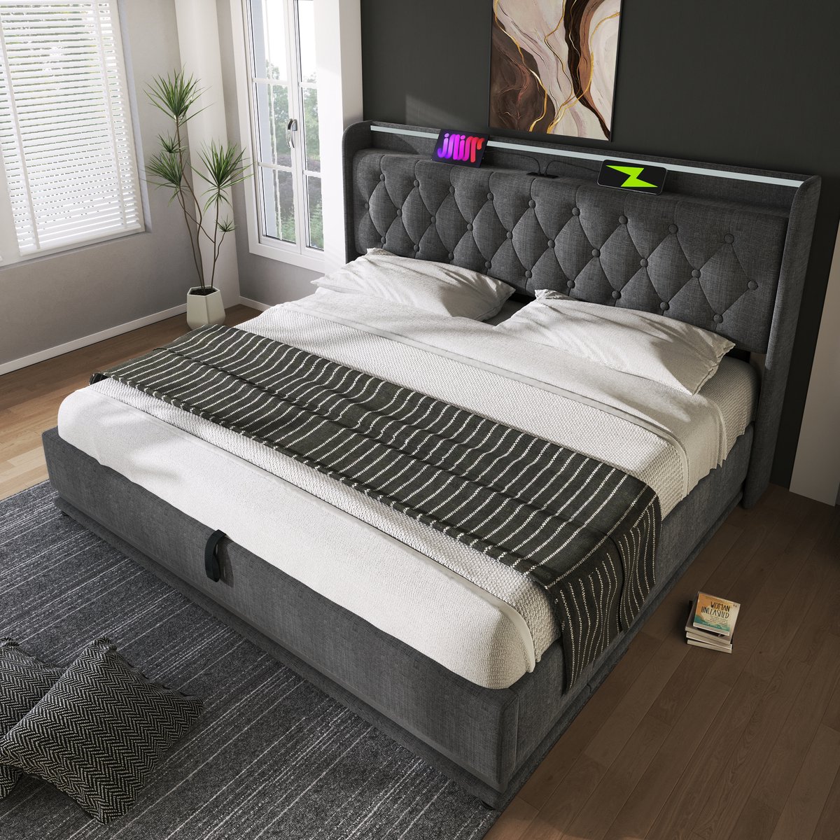 FloraGrace Gestoffeerd Bed 160x200cm – Met Led Rondomverlichting En Hydraulische Opbergruimte – Met Usb En Type C – Met Matras – Linnen – Grijs