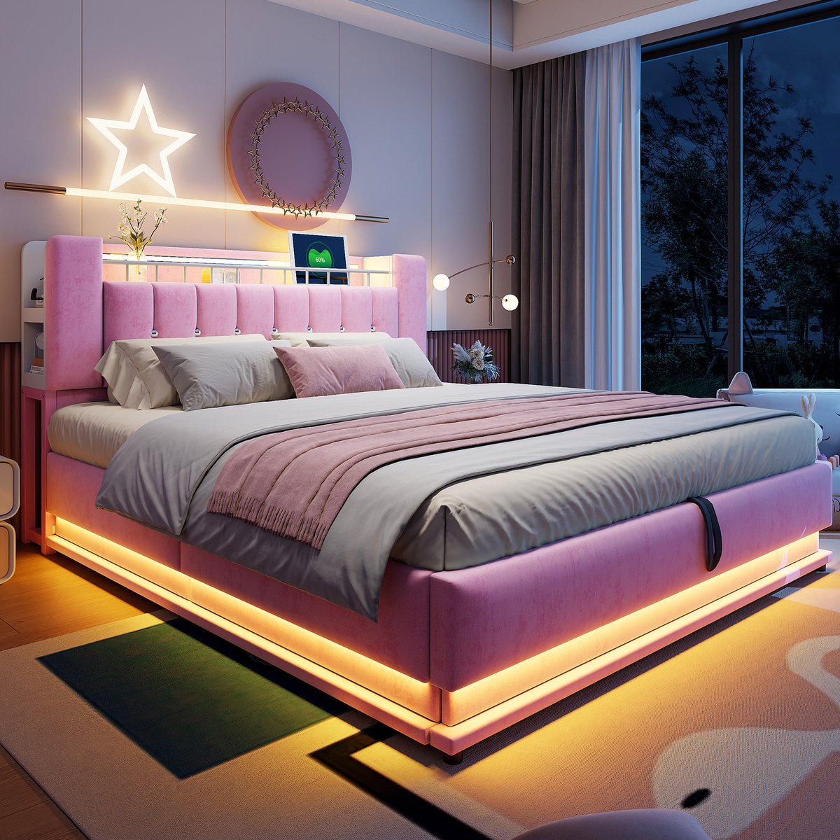 FloraGrace Gestoffeerd Bed 180x200cm – Met Led Verlichting En Usb Aansluitingen – Hydraulische Opbergruimte – Zonder Matras – Fluweel – Roze