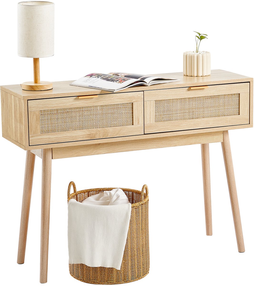 Vevor Rotan Consoletafel, Haltafel, Decoratieve Tafel, 2 Lades, Schuifdeuren, Naturel Bruin