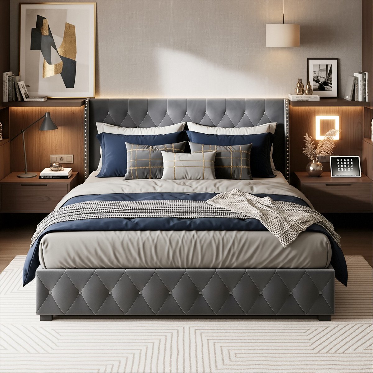 ADFBL Bed met Opbergruimte 140x200 Donkergrijs - Fluweel Ottomaan Bedframe Wingback met Siernagels & Hydraulische Pomp