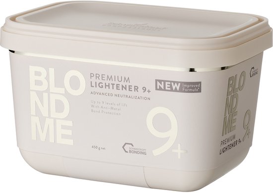 Pot beige Schwarzkopf BlondMe Premium Lightener 9+ aux lettres argentées.