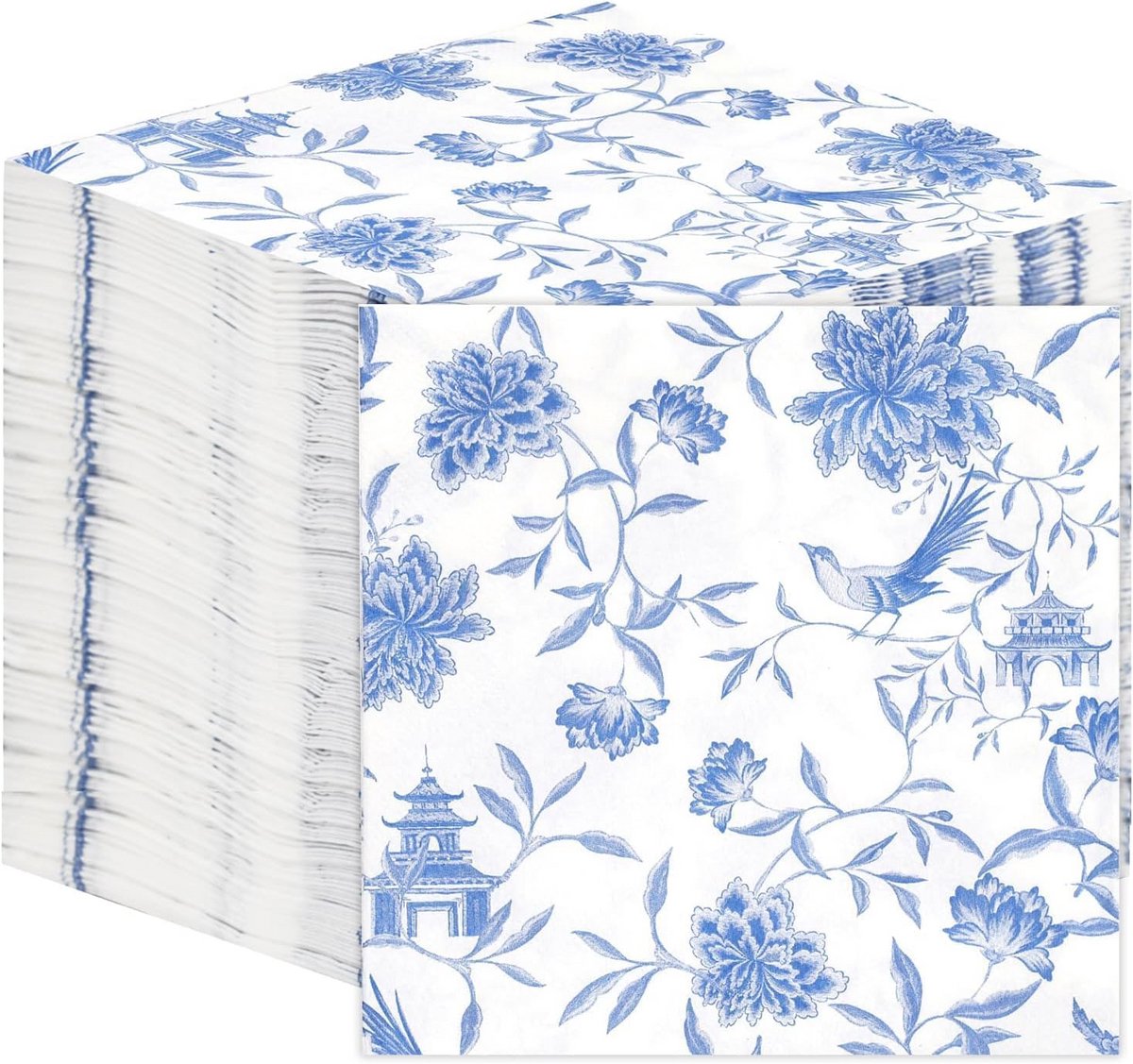 100 Blauwe Papieren Servetten met Chinees Bloemmotief - 33 cm - Feest en Bruiloft