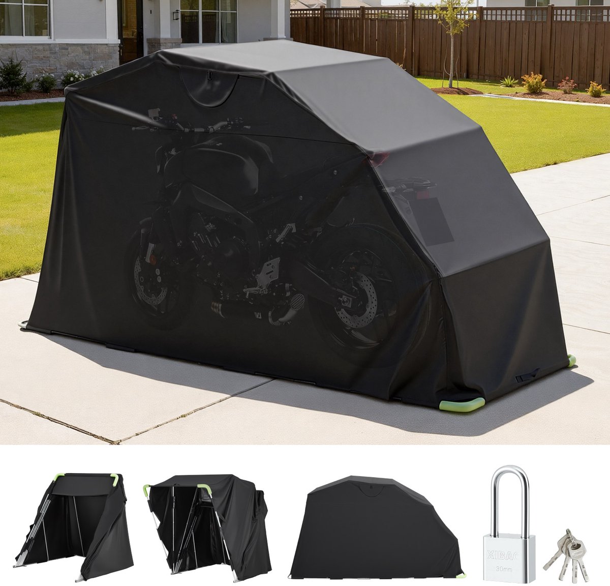 VEVOR Motortentgarage, Motorhoes 3460x1375x1900 mm, Motorgarage met veiligheidsslot, 600D Oxford vouwtent, Weerbestendige motorhoes met ventilatieramen, Zwart – foto 5