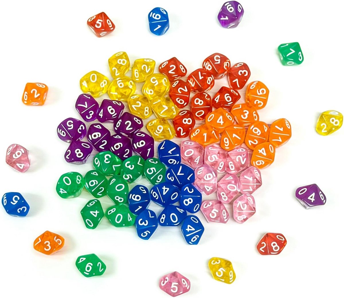 Grote set van 60 kleurrijke D10 dobbelstenen voor RPG en bordspellen