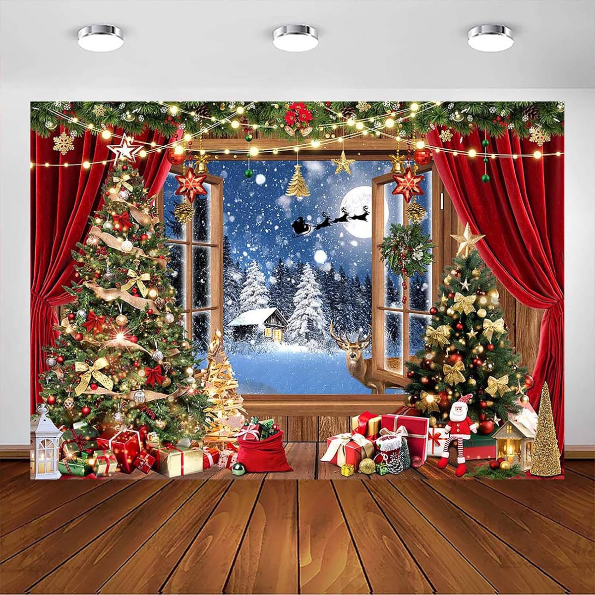 Kerst Achtergrond Volle Maan Nacht Kerstboom Rendier Feest Decoratie Foto Studio