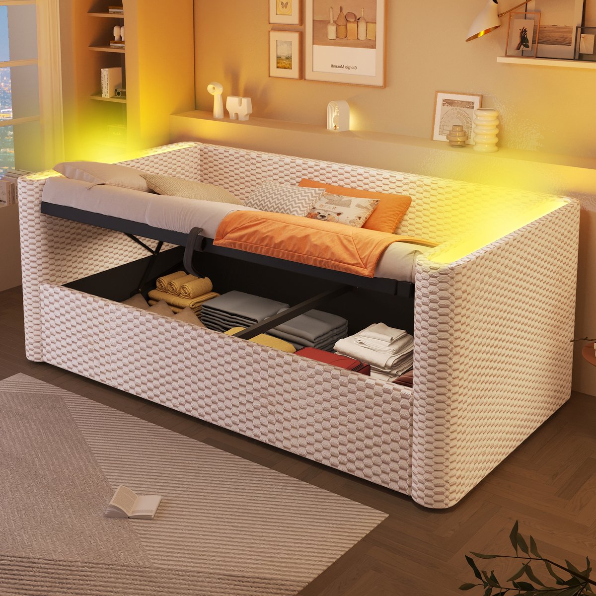 FloraGrace Daybed 90x200 Cm – Slaapbank Met Led Verlichting – Met Hydraulische Opbergruimte – Voor Slaapkamer Of Kinderkamer – Fluweel – Zonder Matras – Beige