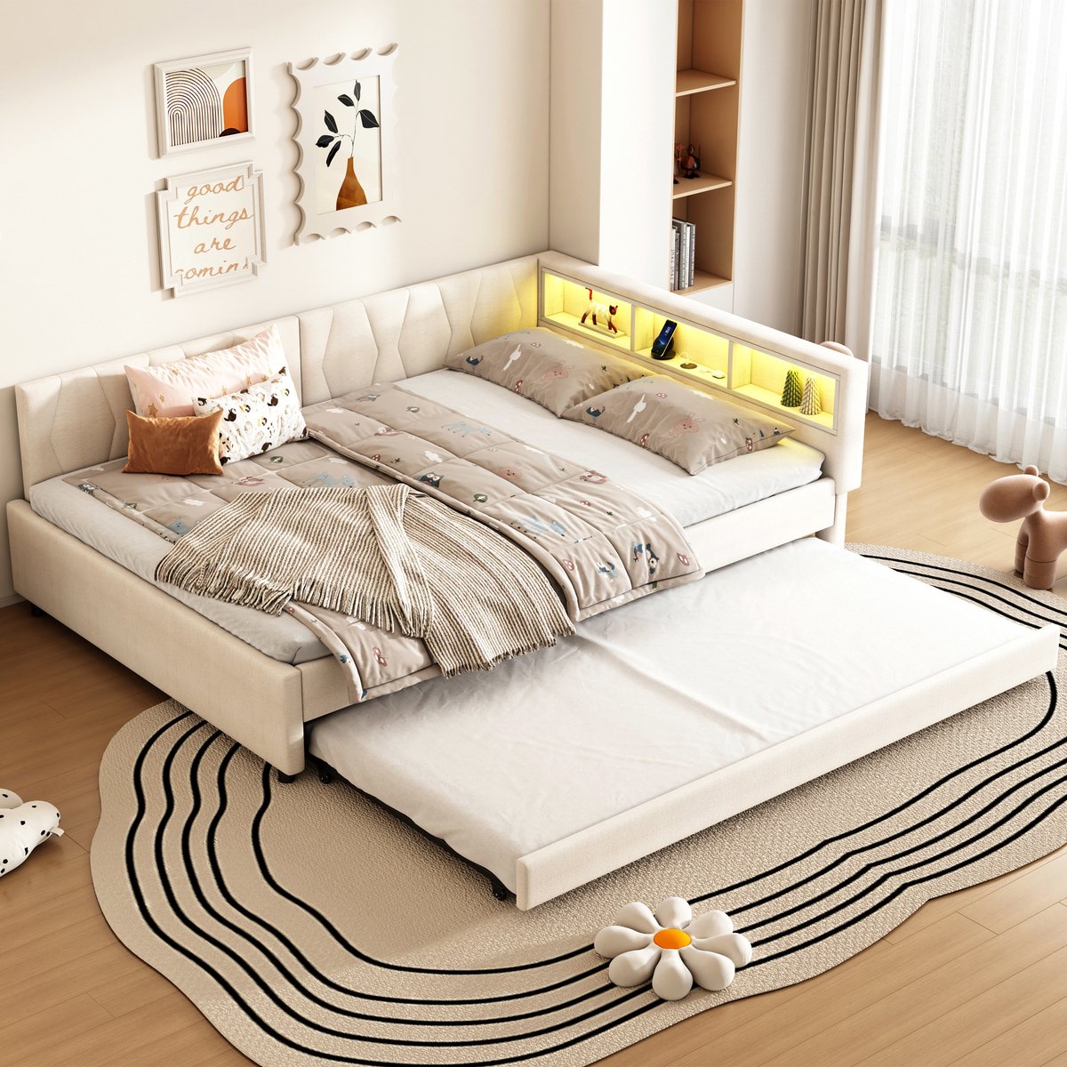 FloraGrace Daybed 140x200cm – Slaapbank Met Usb En Type C – Uitschuifbed Met Opbergvakken En Led Verlichting – Zonder Matras – Linnen – Beige