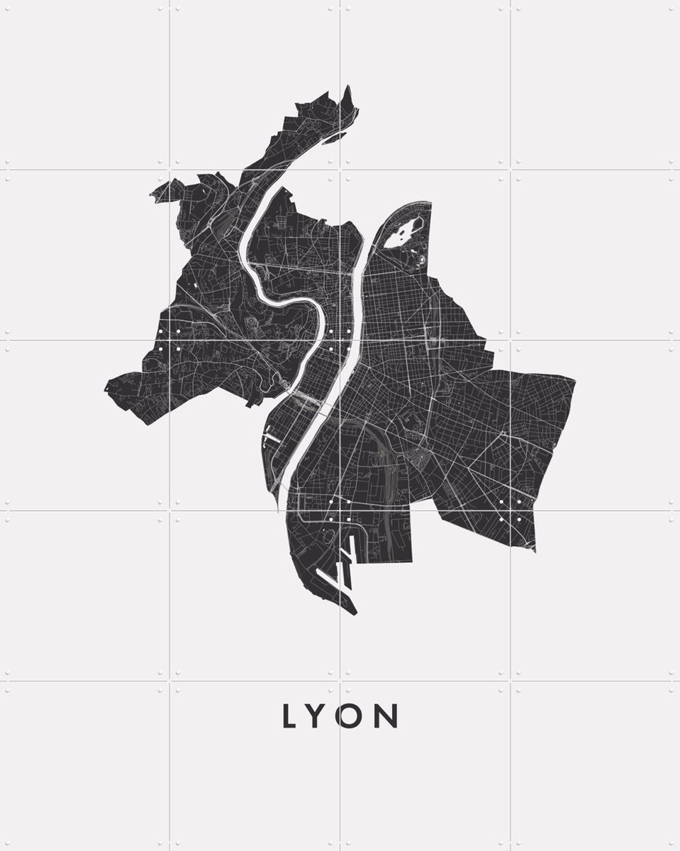 IXXI Lyon City Map, Kunst in Kaart - 80 x 100 cm - Gratis ophangtool - Grote wanddecoratie en posters - Minimalisme, Abstract, Digitale Kunst