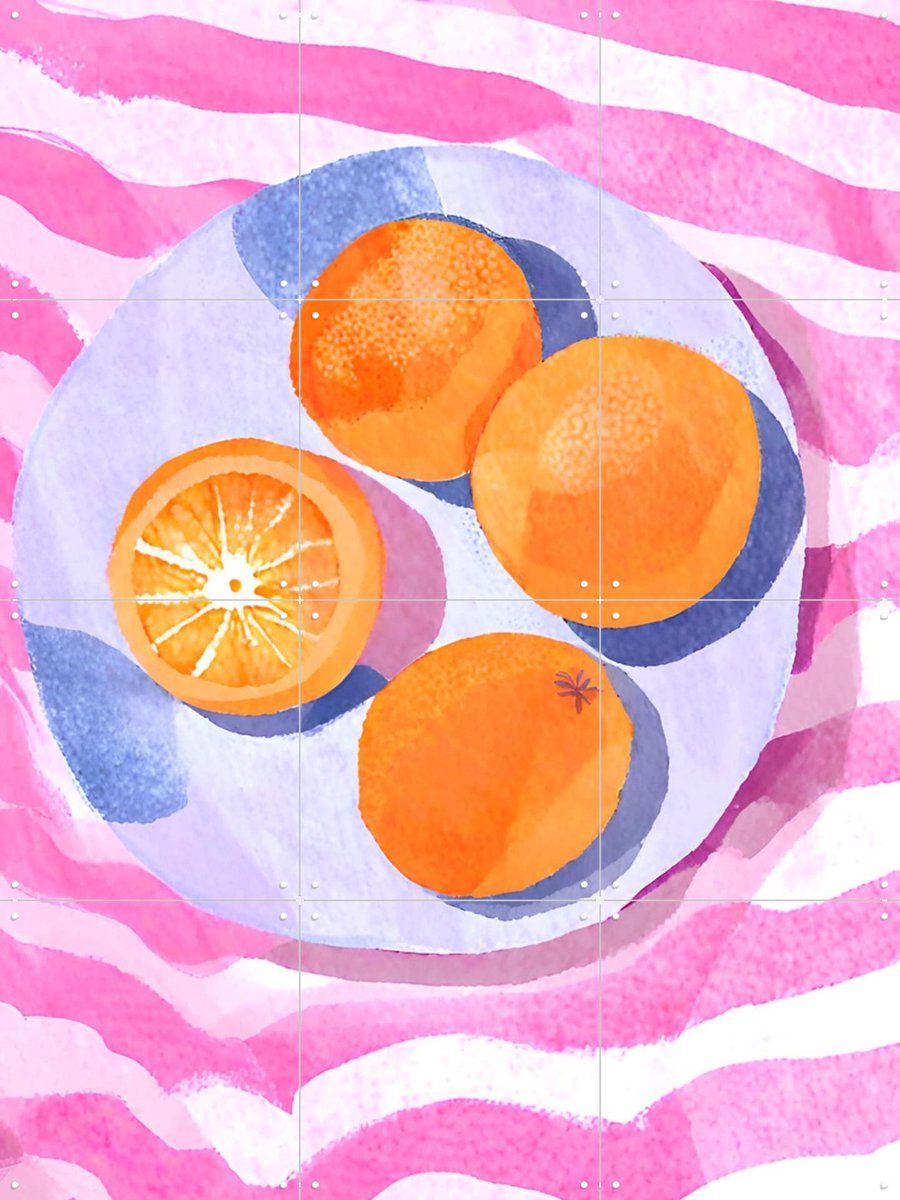 IXXI Orangen auf Teller, Ohkimiko & Various - 60 x 80 cm - Gratis ophangtool - Grote wanddecoratie en posters - Speels, Kleurrijk, Aquarel