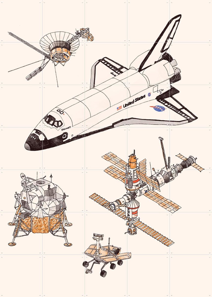 IXXI Spacecrafts, Florent Bodart - 100 x 140 cm - Gratis ophangtool - Grote wanddecoratie en posters - Line art, Illustraties, Technische Tekening