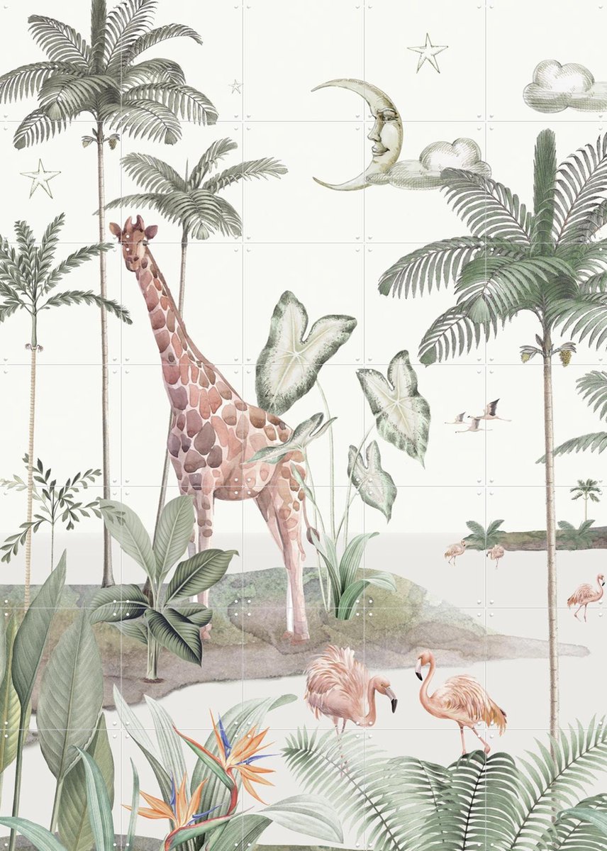 IXXI Smiling Jungle Moon, Creative Lab Amsterdam - 100 x 140 cm - Gratis ophangtool - Grote wanddecoratie en posters - Illustraties, Speels, Aquarel
