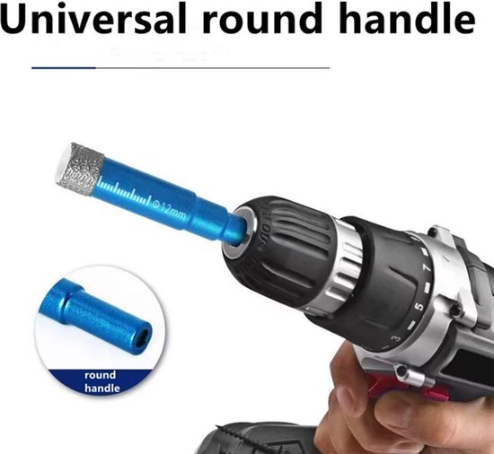 Een blauwe diamantboor met een ronde schacht van 12mm, geplaatst in een boorhouder. Een cirkel toont de ronde schacht.