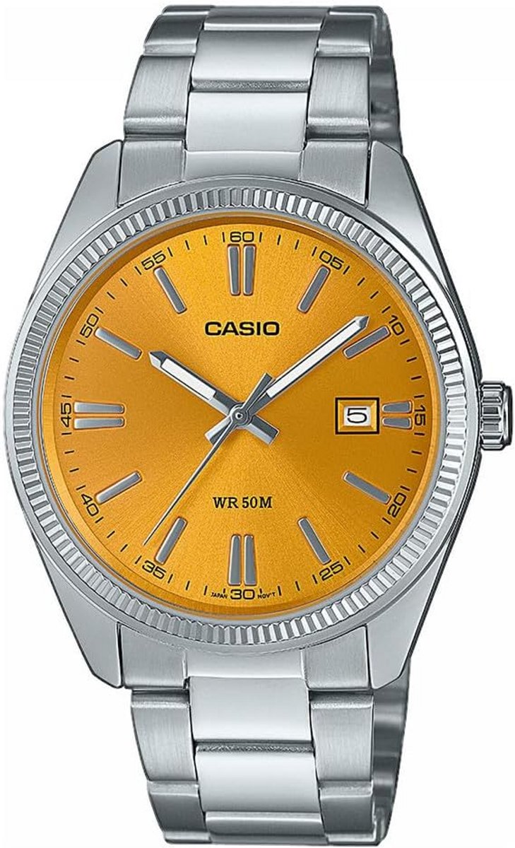 Ronde Herenhorloge met RVS Band en Gele Wijzerplaat