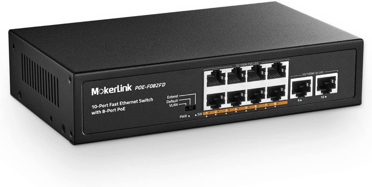 10-Poorts PoE Switch met 8x PoE+ Poorten, 96W, Ventilatorloos en Plug & Play