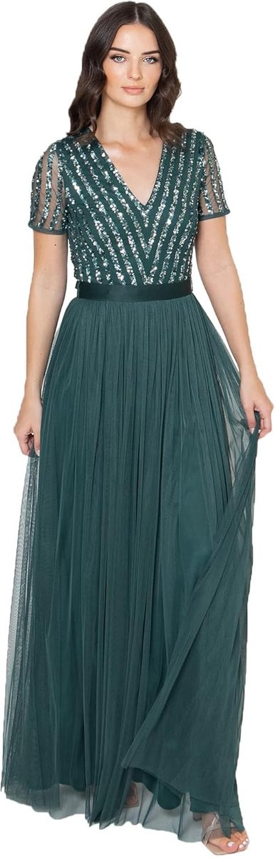 Elegante Taupe Bruidsmeisjesjurk Maxi met Korte Mouw en V-hals
