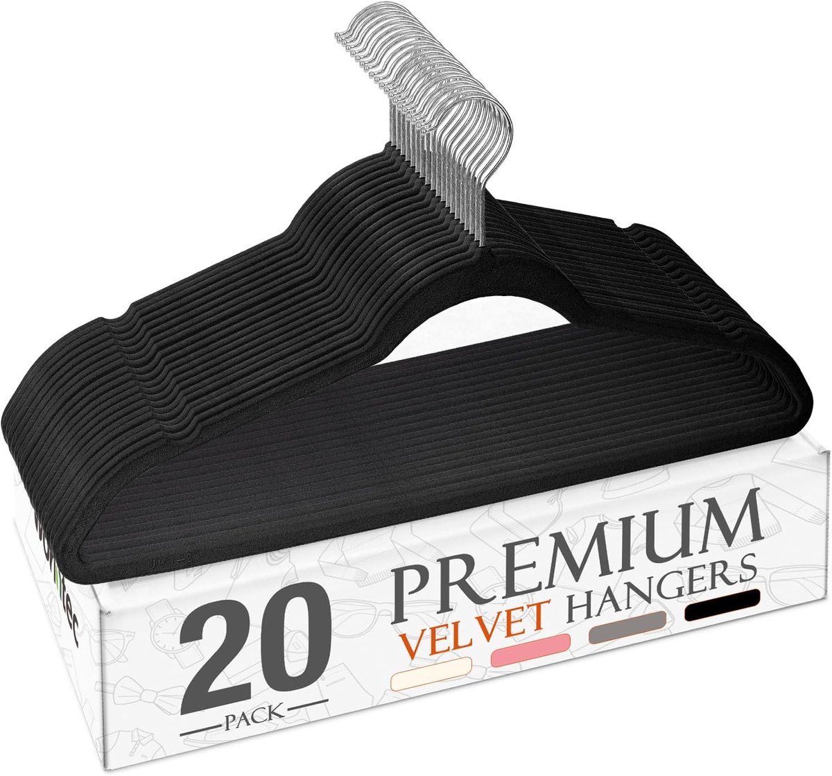 20 Stuks Fluweel Kledinghangers Antislip Dun Ruimtebesparend Zwart