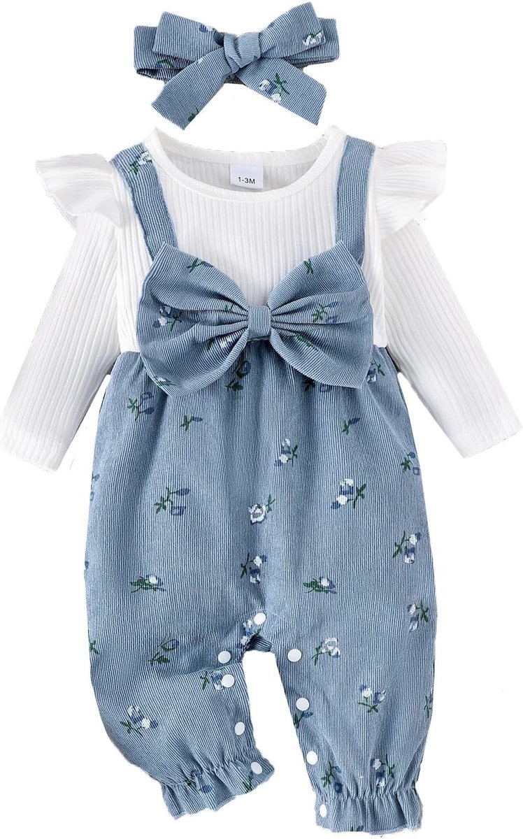 Schattige Baby Meisjes Set: Lange Mouwen Romper met Bloemenprint en Haarband