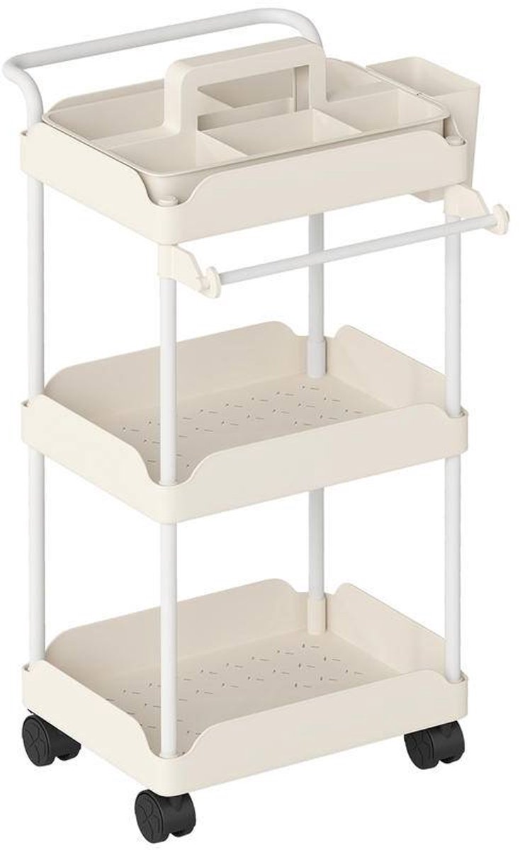 Witte opbergkar met 3 manden & handdoekrek - Mobiele metalen frame-organizer met wielen - keuken, woonkamer, eetkamer