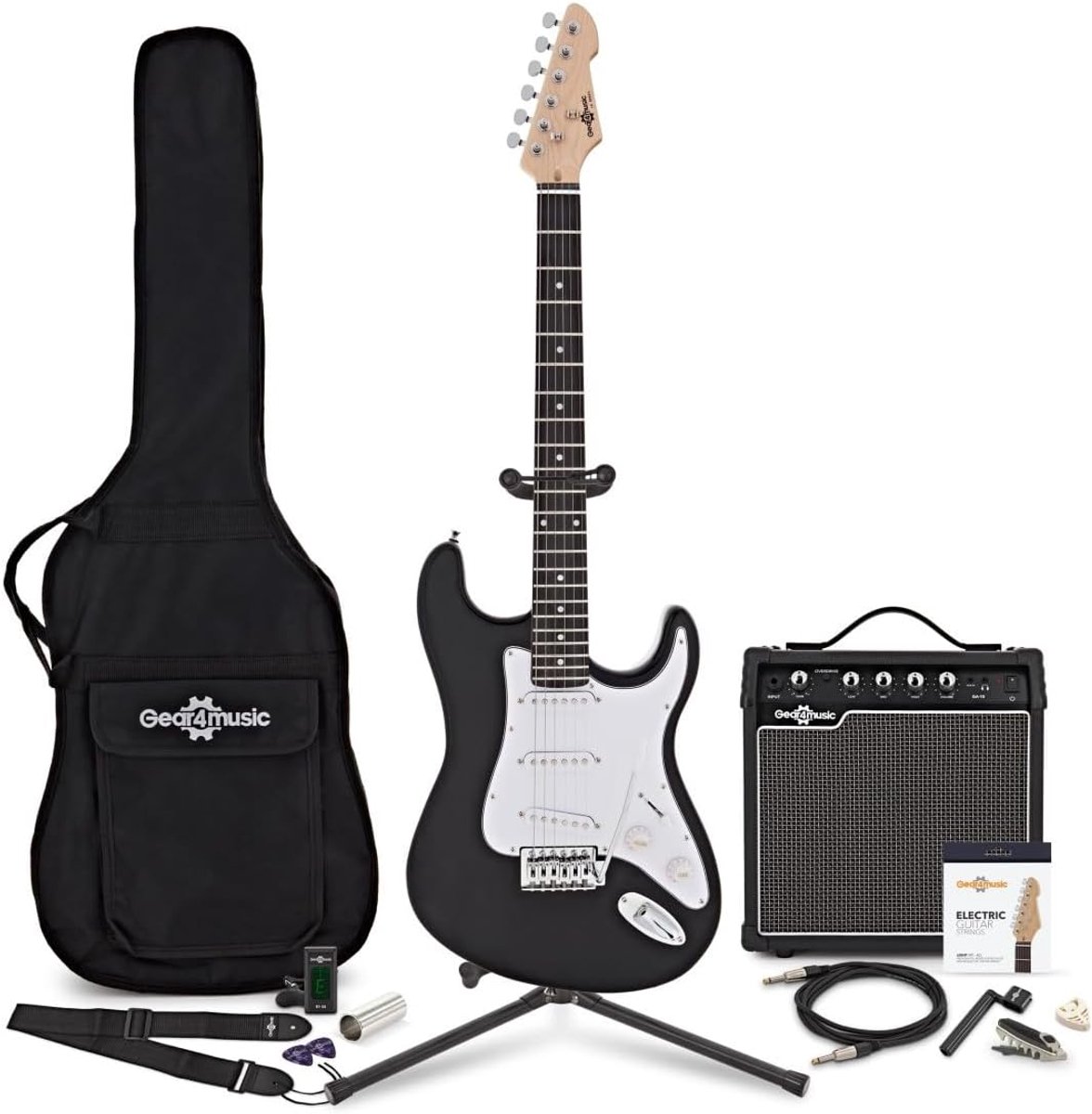 Complete Elektrische Gitaar Starterspakket Zwart met 15W Versterker en Accessoires