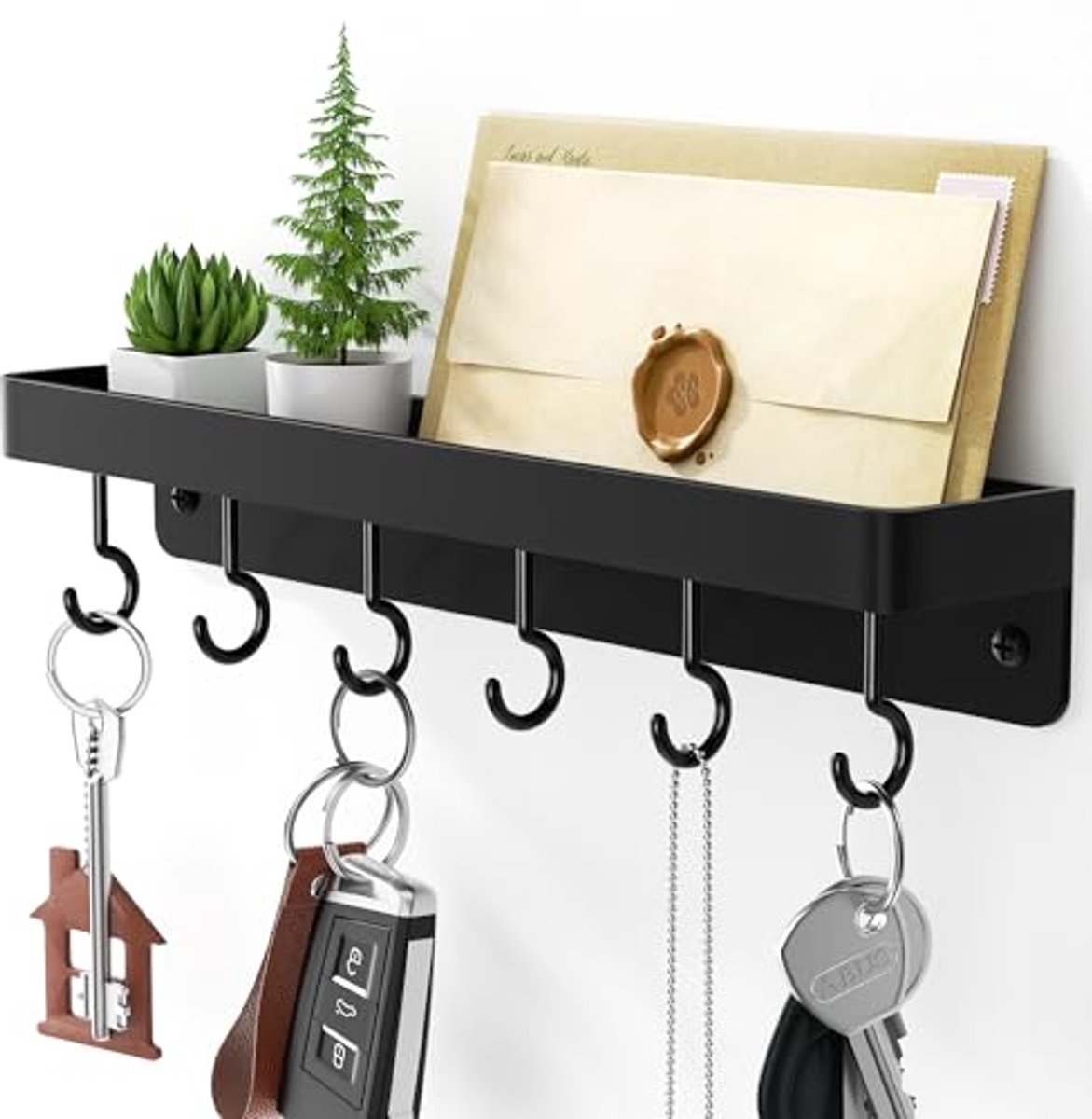 Ultiluxe® Sleutelhouder - Sleutelrek Met Plank - Wand Sleutel Organizer - 6 Haken - Zelfklevend - Zonder Boren - Zwart