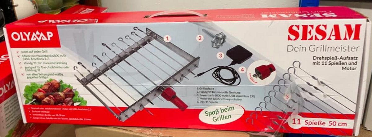 Meervoudige draaispit met motor en accu voor 11 spiesen, verstelbare breedte