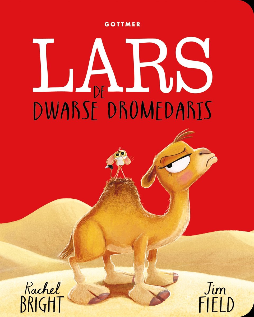 Boekcover met een oranje dromedaris met een klein muisje op zijn rug. Titel: Lars de dwase dromedaris.