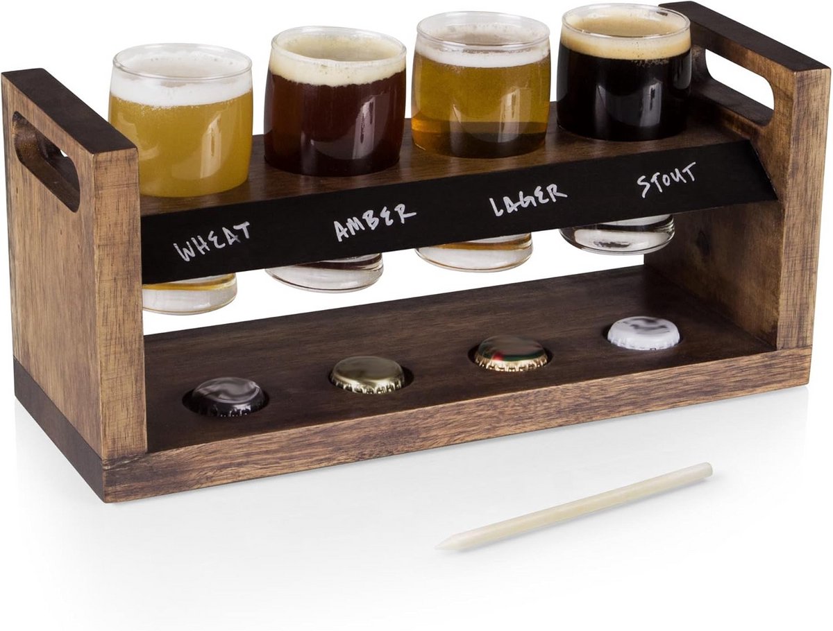 Bierproefplank Set met 4 Glazen - Houten Bierproeverij Dienblad met Krijtbord