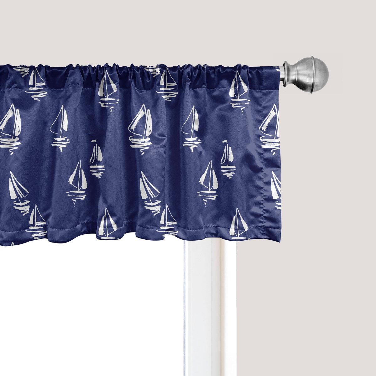 ABAKUHAUS Marineblauwe raamvalletje met zeiljachtmotief, gordijnvalletje voor keuken en slaapkamer met tunnelzoom, 137 cm x 30 cm, donkerblauw wit