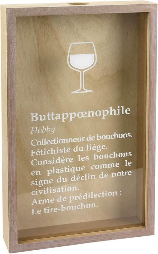 Houten kist met witte tekst 'Buttappøenophile', wijnglas-icoon en informatie over het verzamelen van wijnkurken.