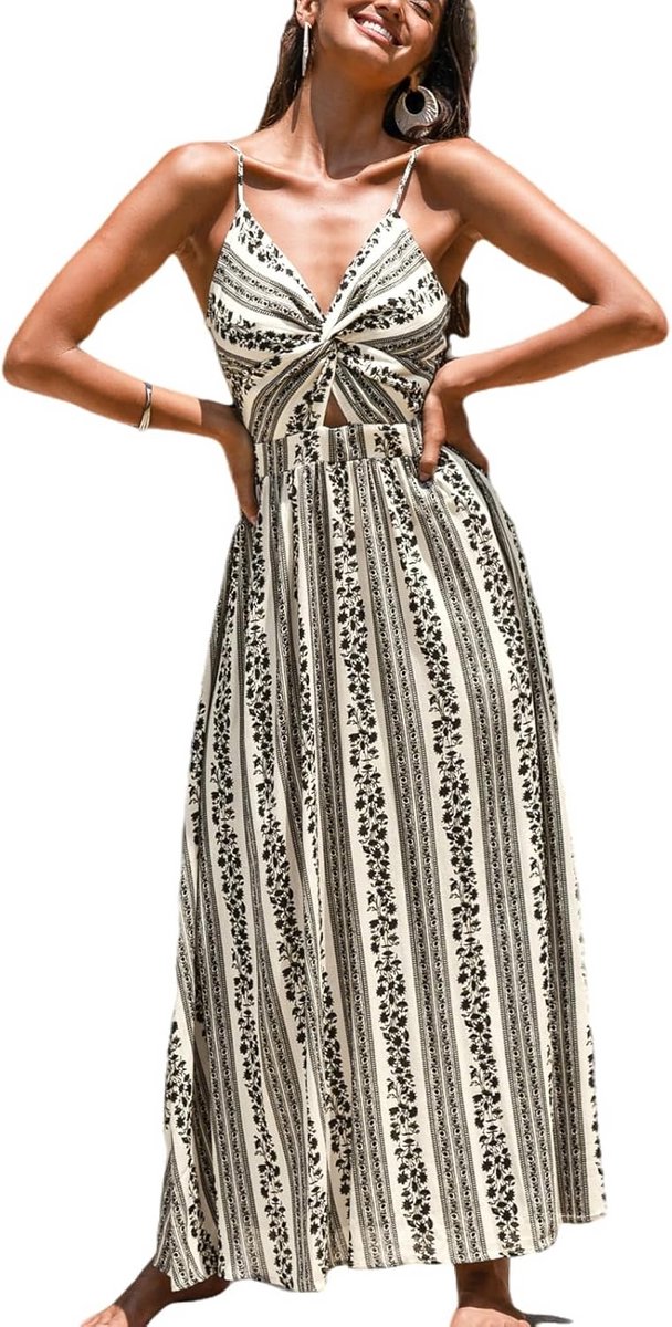 Dames Zomerjurk met V-hals en Twist Detail - Boho Strandjurk voor Feest en Vrije Tijd