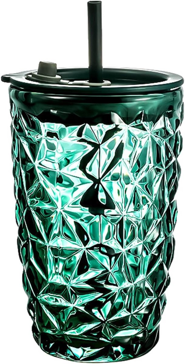 Glazen Beker 440 ml met Deksel en Rietje - Diamant Drinkglas voor Smoothies