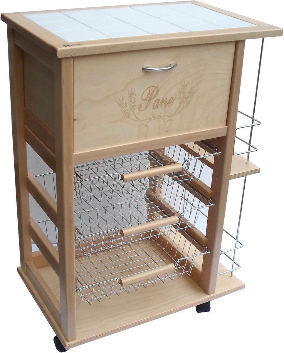 Houten Keukenwagen met Broodlade en Flessenhouder