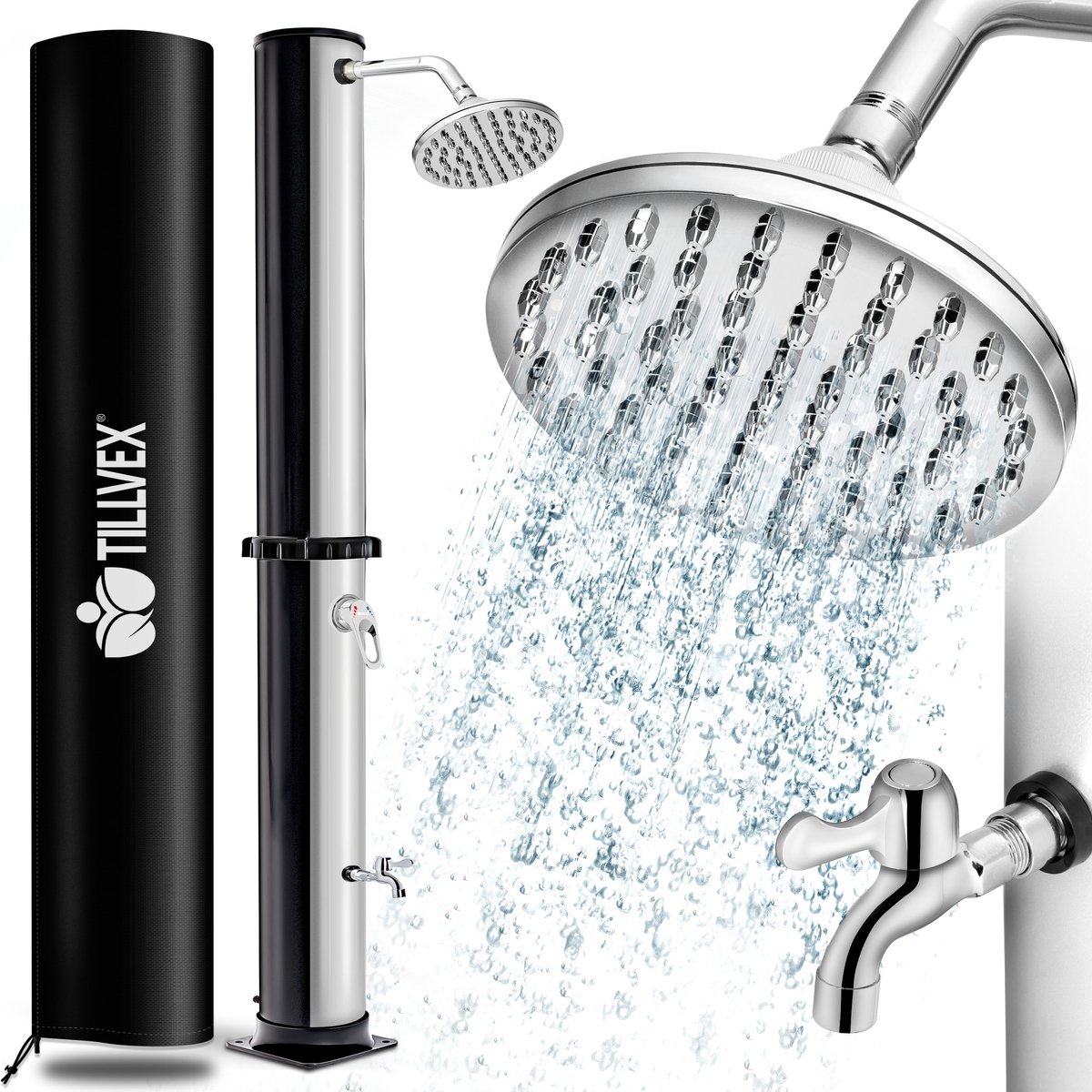 tillvex zonnedouche 20 liter inclusief Beschermhoes | Tuindouche voor de tuin warm water | Zwembad-douche camping | zonder stroomaansluiting | met kraan en regendouchekop | Tuinslangaansluiting (zwart/zilver)