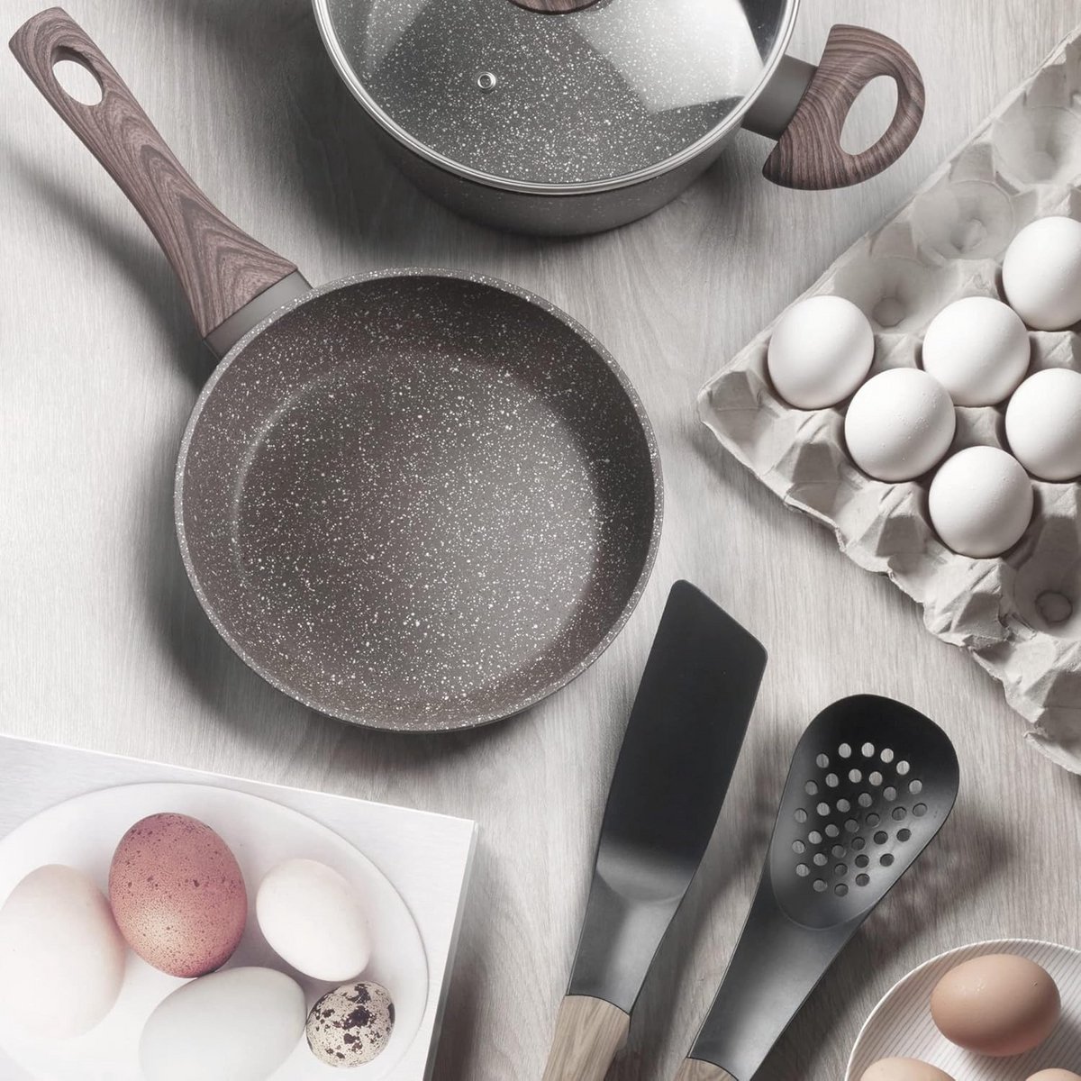 Set van 2 Aluminium Koekenpannen met Non-stick Steenlook Laag voor Inductie