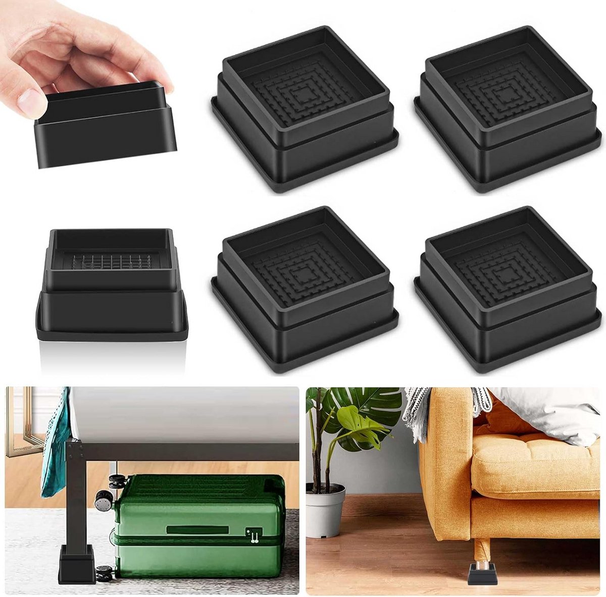 Set van 4 Stapelbare Vierkante Meubelverhogers 3,5 cm - Zwart, Verstelbaar en Zwaar Belastbaar