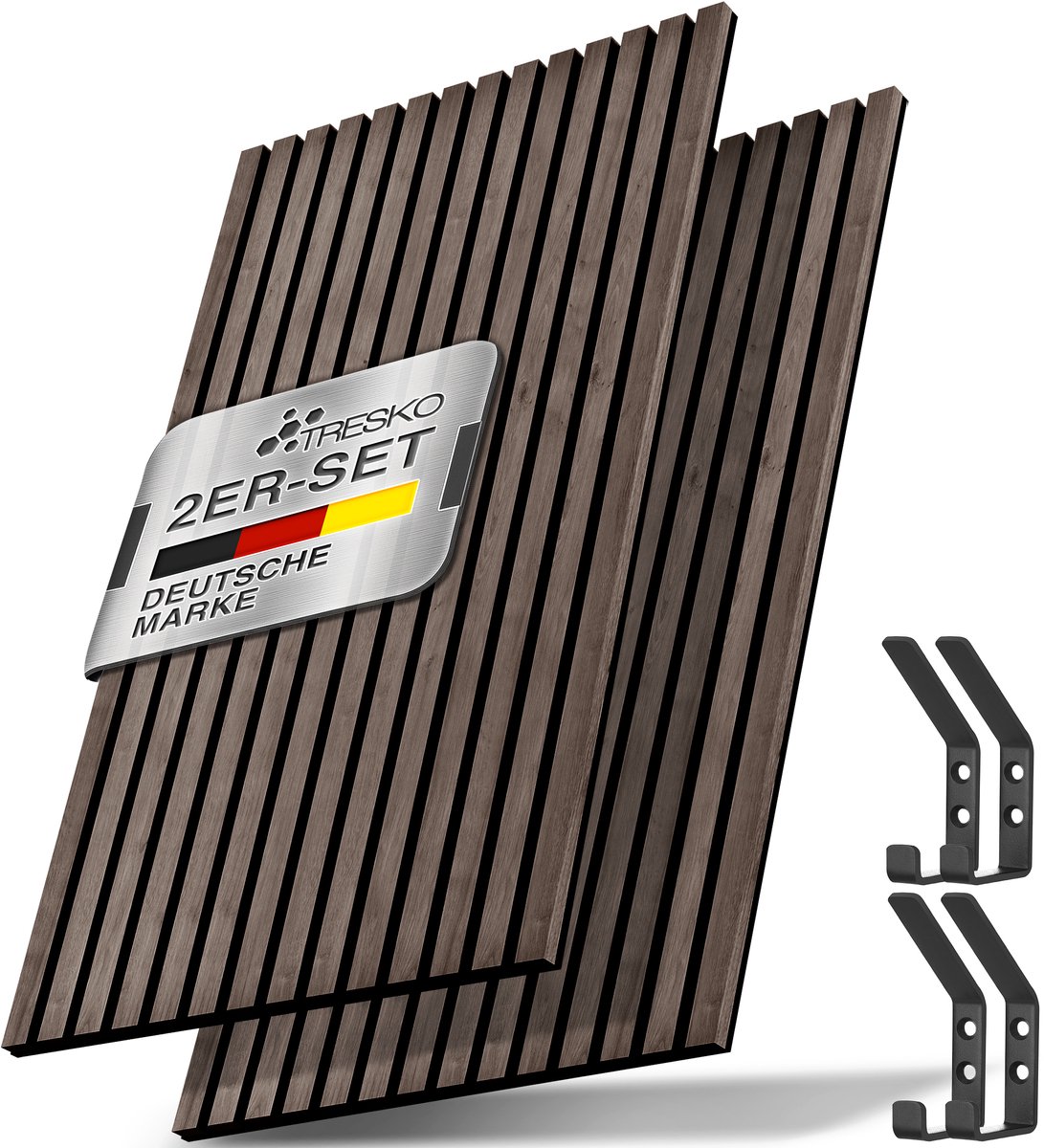 TRESKO® 2 stuks akoestische panelen, van hout, 120 x 60 x 2,1 cm, incl. 4 x kledinghaken, wandbekleding voor binnen als 3D-lamellenwand, houten panelen voor geluidsisolatie, akoestische wandpanelen