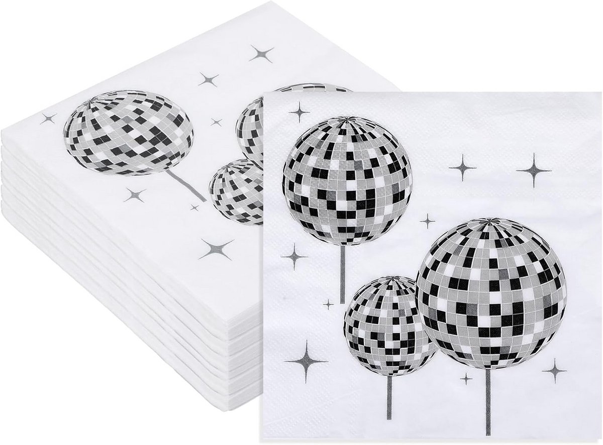 40x Discobal Servetten Wit 33x33cm Voor Jaren '70 '80 '90 Thema Feestdecoratie