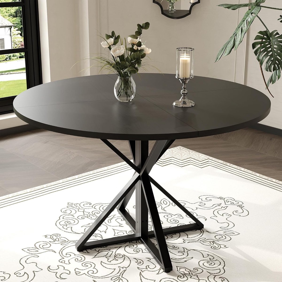 Zwarte Ronde Eettafel - Ø 120 cm - Geschikt voor 4 Personen - Robuuste K-Vormige Metalen Poot - Landelijk & Industrieel (Exclusief Stoelen)
