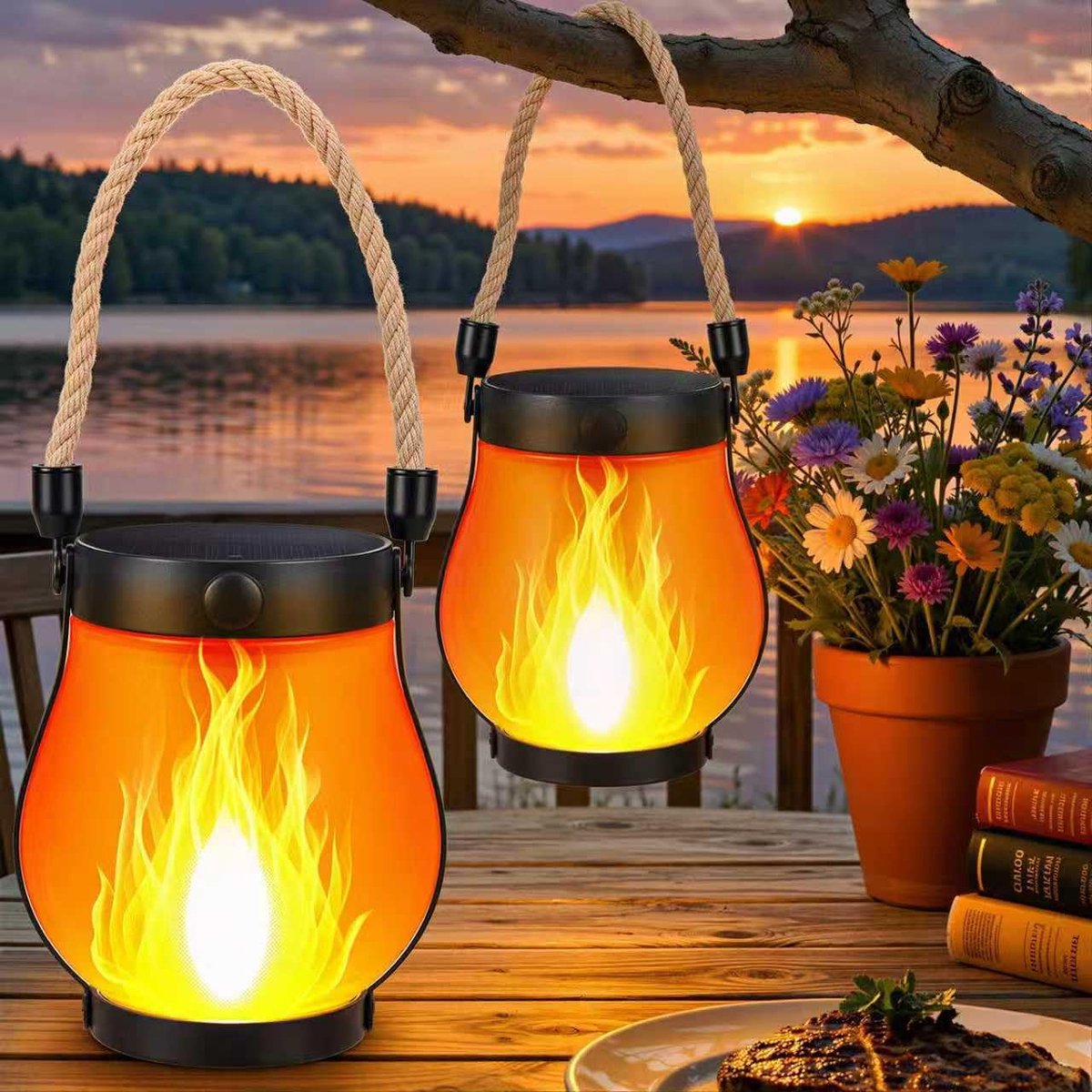 Lampen - Solar Vlamlampen 2 Stuks - Buiten Hanglamp met Vlam Effect - Waterdicht - Zonne Oplaadbaar - Sfeerverlichting voor Tuin en Terras