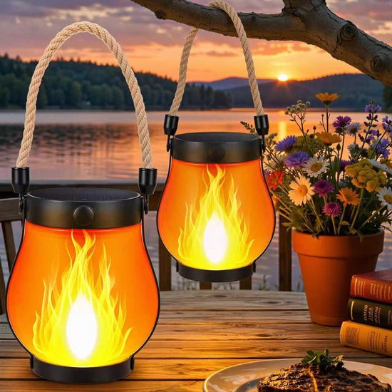 Lampen - Solar Vlamlampen 2 Stuks - Buiten Hanglamp met Vlam Effect - Waterdicht - Zonne Oplaadbaar - Sfeerverlichting voor Tuin en Terras