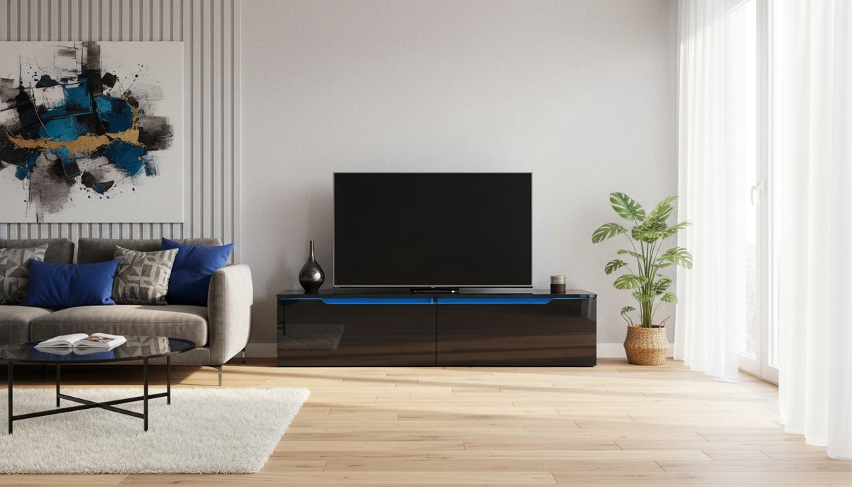 TV Meubel Zwevend of Staand Casa Velluto LuminaEdge 140 cm – Zwart Hoogglans TV Kast met LED Verlichting – Modern Design zonder Handgrepen – Softclose Deuren – Geschikt voor TV tot 65 inch – 140x35x30 cm