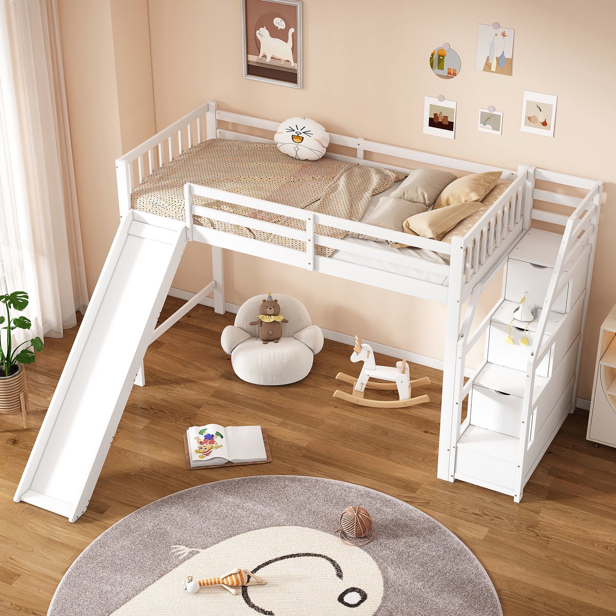 Wishdor Hoogslaper - Met Glijbaan En Opbergtrap - Loftontwerp - Grenenhout En MDF - Wit - 90 X 200 Cm