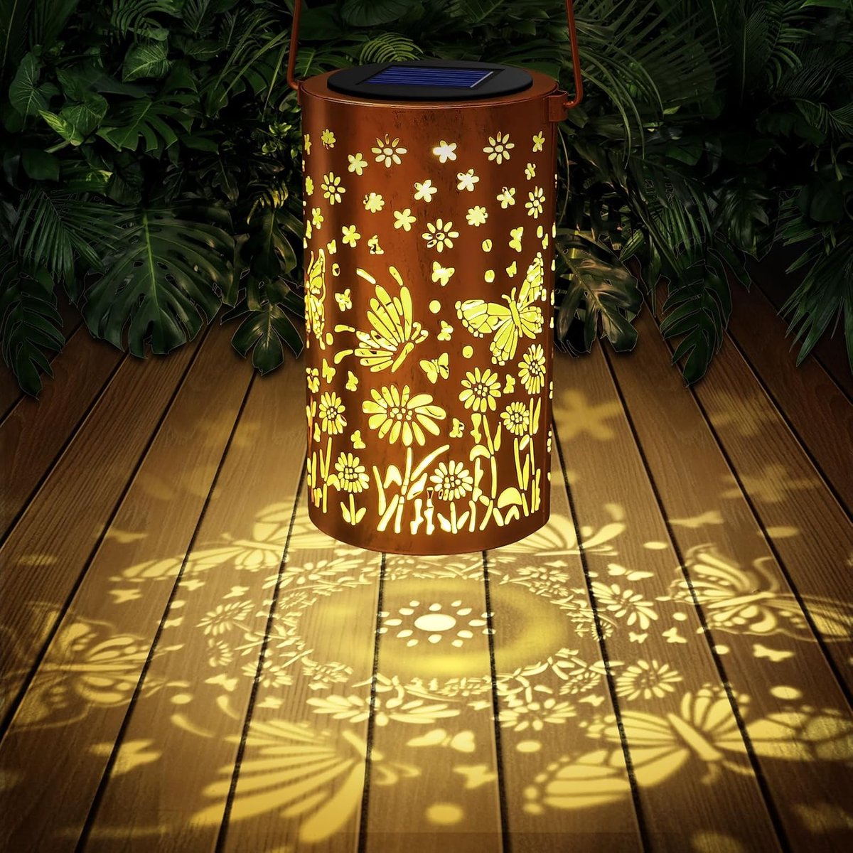 Solar Oosterse Lantaarn met Vlinderpatroon – Metalen Tuinlamp IP65 Waterdicht