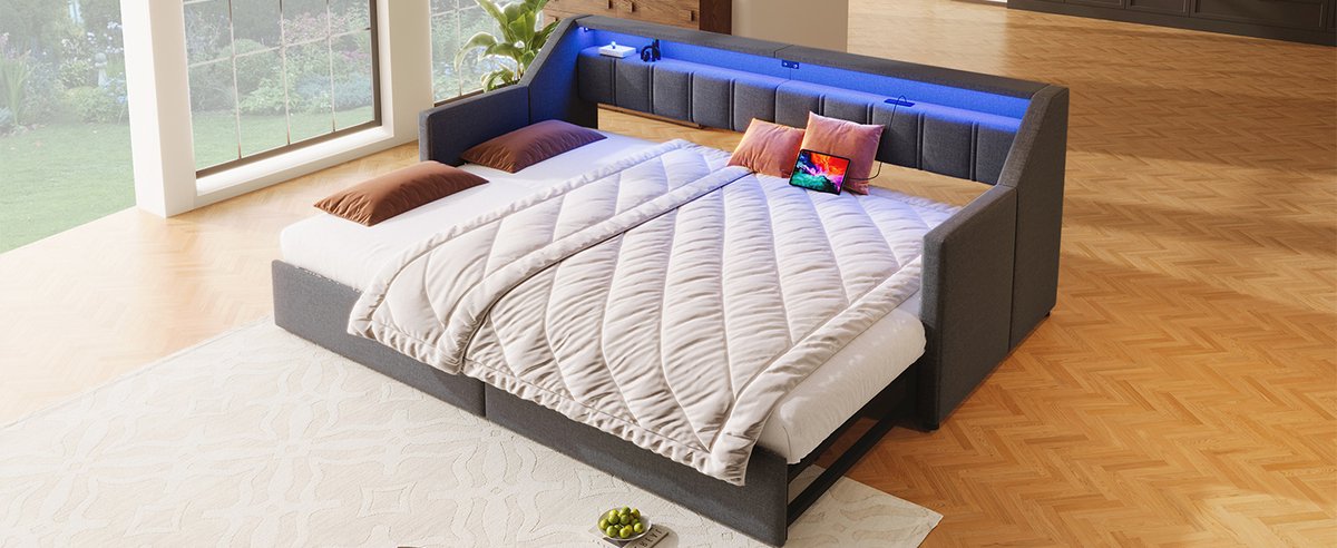 Wishdor Uitschuifbare bedbank 90/180x200 cm - USB & USB-C, led & 2 lades - Linnen - Grijs - Jouw slimme tweepersoonsoplossing met stijl