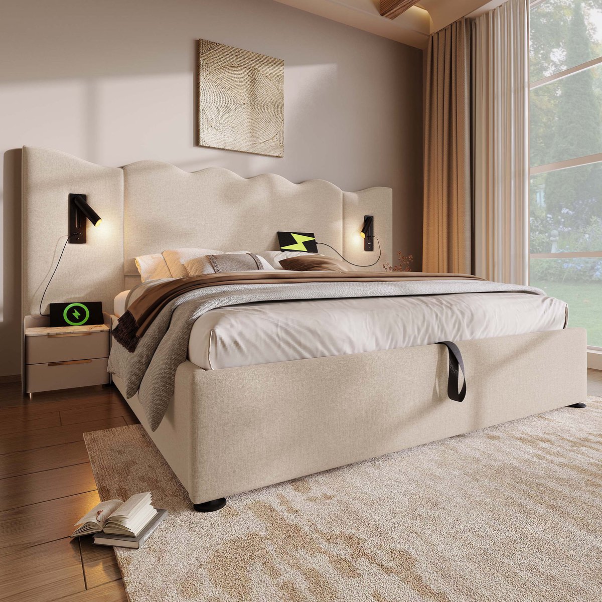 Wishdor – Gestoffeerd Bed 160x200 cm – Draaibare Leeslamp & USB?C – Hydraulische Opbergrui