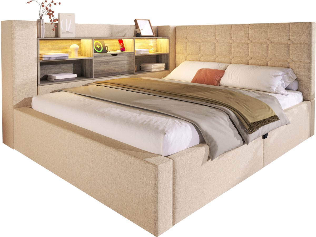 Wishdor Opbergbed 140x200 cm – L‑Vormig Hoofdbord & LED 60.000+ Kleuren – USB‑C – Hydraulische Opbergruimte – Linnen Beige – 200 kg