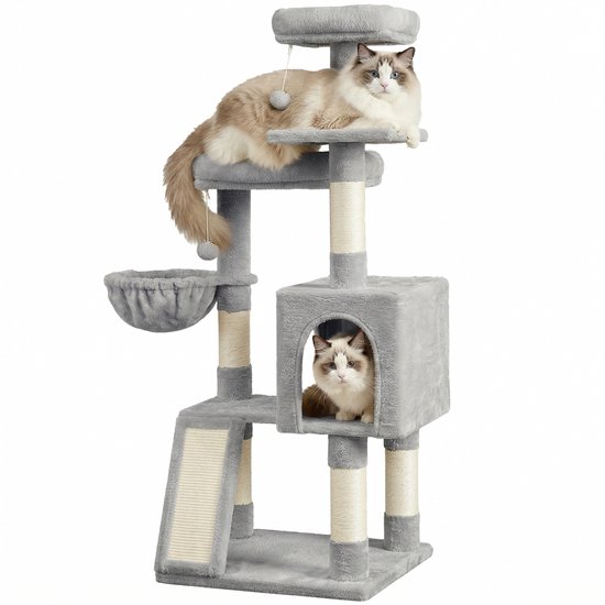 Arbre à chat gris avec deux chats, l'un sur la plateforme supérieure, l'autre dans la maison.